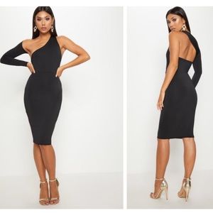 black disco slinky one shoulder midi dress